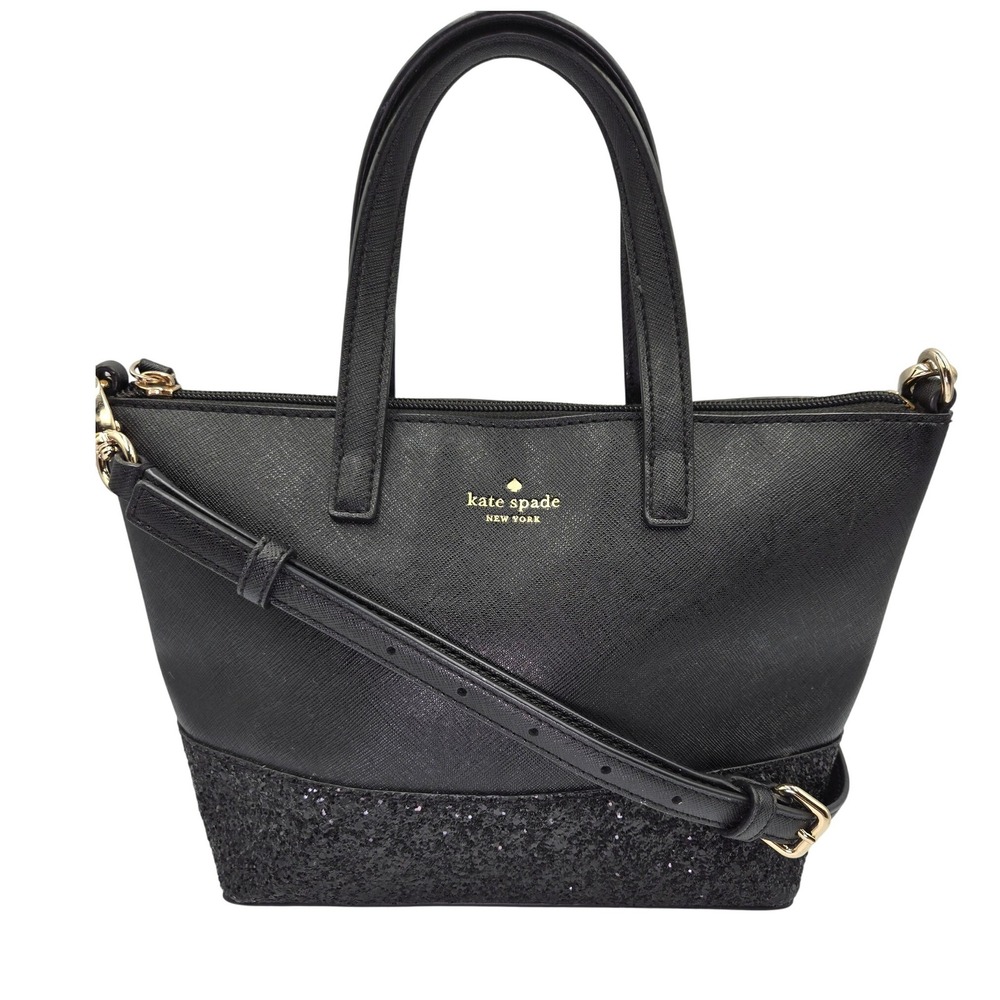 Kate Spade New York Black Saffiano Leather Glitter Trim Tote Crossbody Bag
